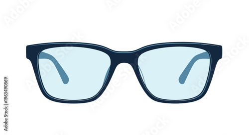 A front view of classic dark blue framed eyeglasses with clear lenses