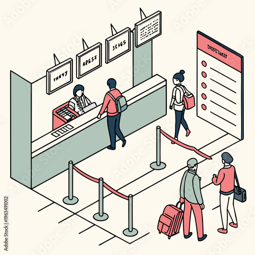 Airport check-in counter with passengers queuing, staff serving, and display boards overhead in a stylized isometric illustration, check in, business trip, flat design, ground transportation, line art