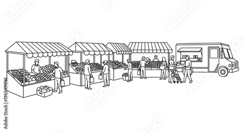 A bustling outdoor farmers market scene with vendors and people shopping