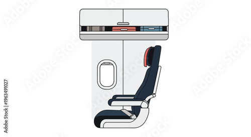 Illustration of an airplane seat and overhead compartment view