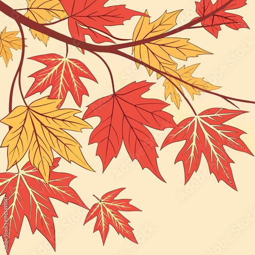 Autumn maple leaves in shades of red and yellow on a branch against a soft beige background, showcasing fall foliage, autumn colors, fall season