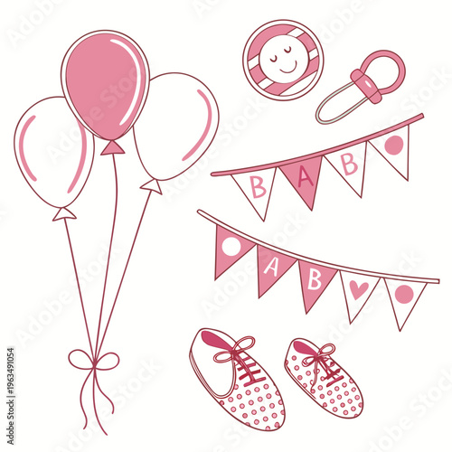 Cute pink baby shower elements: balloons, rattle, bunting, and baby shoes for gender reveal or celebration