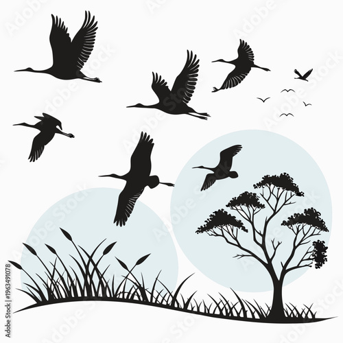Silhouette flock of cranes flying over african savanna landscape with acacia tree and tall grass, symbolizing migration, freedom and nature, black and white