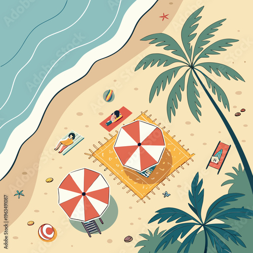 Top-down view of a relaxing beach with people sunbathing, umbrellas, and calm ocean waves in a flat illustration style, flat design, beach chair