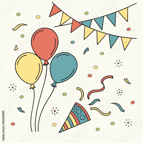Celebration graphic with red, yellow, blue balloons, party popper, confetti, and colorful bunting flags on a light cream background, party supplies, flat design, party hat, good times