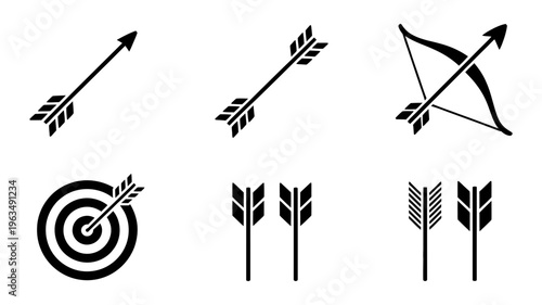 Set of archery icons featuring arrows, a bow, and a target