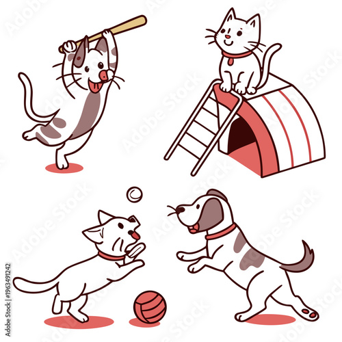 Active cats and dogs engaged in playful activities, adorable animal illustration for children and pet enthusiasts