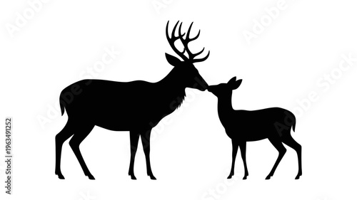 Silhouette of a deer with antlers and a fawn standing together
