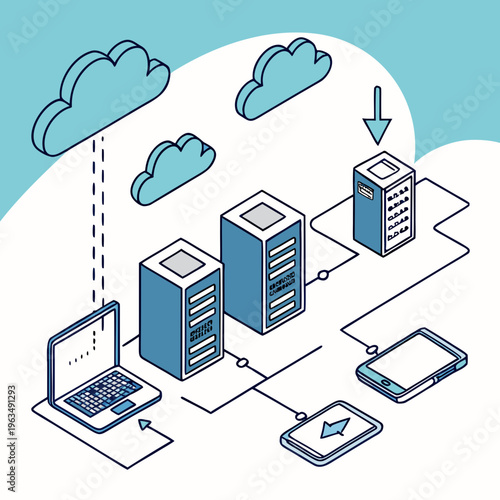 Cloud computing network servers data center technology internet connection isometric illustration with server room