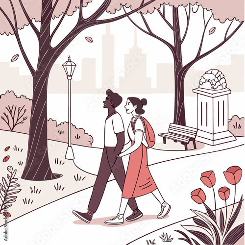 Couple walking hand-in-hand through a park with trees and flowers, enjoying a leisurely stroll in a city park with a romantic atmosphere, in the background, city buildings are visible, suggesting an