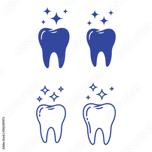 Four stylized icons depict variations of healthy, shining teeth in solid blue and outline styles for dental care concepts.