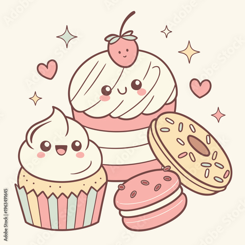 Adorable kawaii dessert illustration with cute pastel cake, cupcake, donut, and macaron treats surrounded by hearts and stars, sweet food art, baked goods, snack time