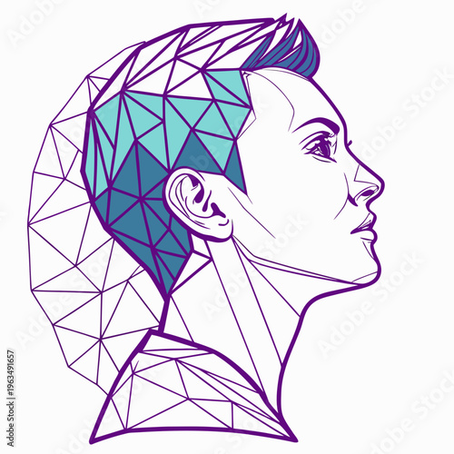 Line art geometric human head profile with abstract polygonal brain section, representing AI, technology, data, and neuroscience concepts, artificial intelligence, machine learning, neural network