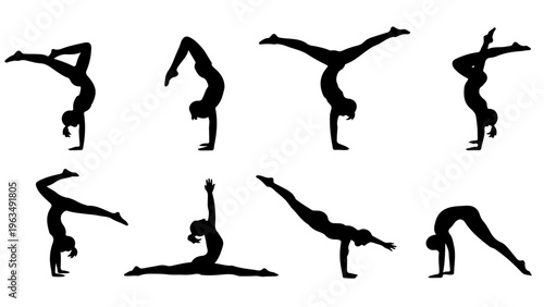Six acrobatic handstand and cartwheel poses in silhouette style