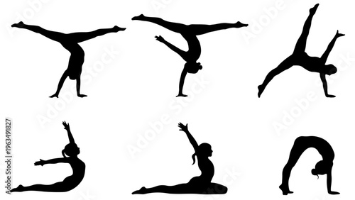 Silhouettes of advanced yoga and acrobatic poses in various challenging formations