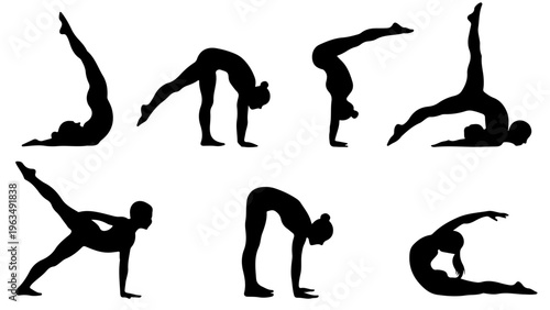 Dynamic yoga poses featuring advanced inversion and flexibility exercises