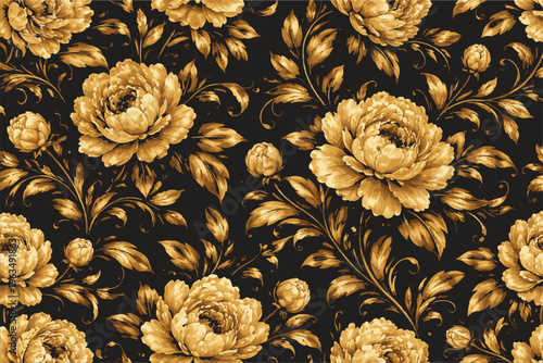Luxury Gold Peony Floral Seamless Pattern on Black