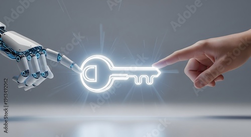 Close up of a robotic hand and a human hand reaching out to touch a glowing digital key icon symbolizing security and innovation.