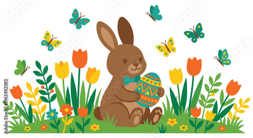 Easter chocolate bunny holding decorated egg in spring flower field.