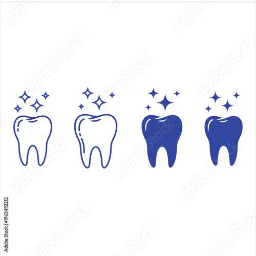 Stylized tooth illustrations are displayed on a simple white backdrop, showcasing variations of outline and solid blue teeth, accompanied by starbursts signifying brightness and superior dental.