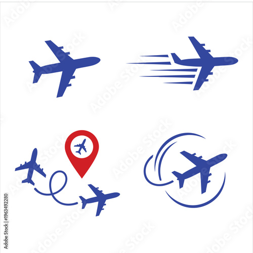 Collection of blue airplane icons illustrates various aspects of air travel, including flight, speed, destination, and global journey concepts for modern transportation.