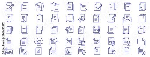 Documents, files, paperwork, checklist and reports icons. Thin line editable stroke vector icon illustrations