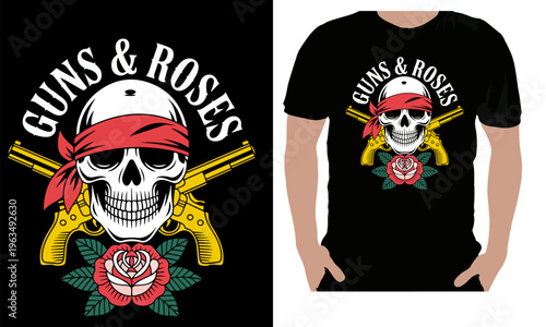 Make a bold statement with this edgy Guns N Roses inspired graphic t-shirt. Featuring a striking skull design with a red bandana, crossed pistols, and a blooming rose, this shirt perfectly captures th