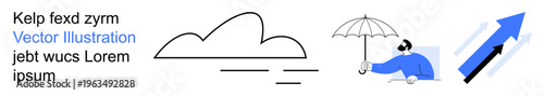 Weather forecasting, climate change, protection, growth, graphical design, and business progress. Cloud outline, open umbrella person and upward arrow. Weather forecasting and climate change