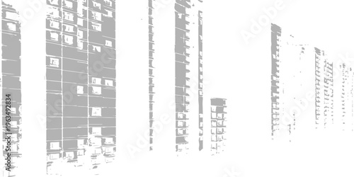 High contrast black and white architectural perspective of city apartment buildings with minimalist stencil art effect