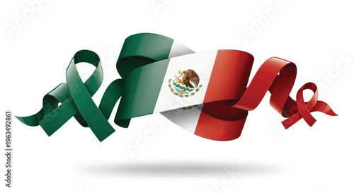 Mexican flag ribbon with decorative swirls, waving national flag of Mexico vector, green white and red tricolor banner for independence day