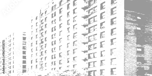 High contrast black and white architectural perspective of city apartment buildings with minimalist stencil art effect