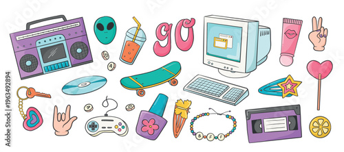 90's aesthetics doodles, y2k cartoon elements collection for stickers, prints, cards, posters, signs, etc. EPS 10