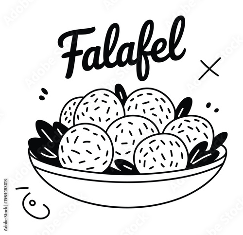 Hand-drawn of a bowl of falafel with the word "Falafel" in script