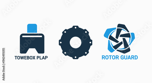 Industrial box device, mechanical gear, and rotor guard protection icons representing manufacturing processes, engineering components, and safety systems
