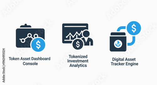 Token asset dashboard, tokenized investment analytics, and digital asset tracker engine icons for cryptocurrency and fintech systems