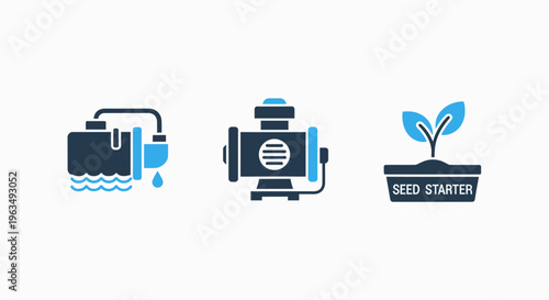Agricultural water pump, industrial motor, and seedling starter icons representing farming, irrigation, and sustainable growth in flat vector design