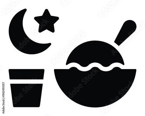 Islamic Iftar Meal Moon, Star, Bowl of Food, and Drink