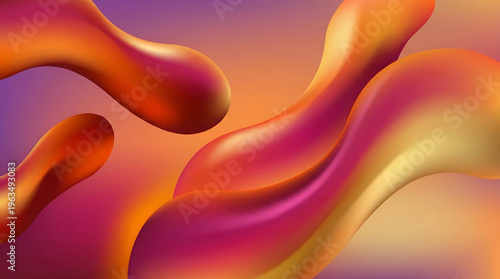 Vibrant 3D Liquid Fluid Abstract Background with Glossy Orange Purple Organic Flowing Shapes.