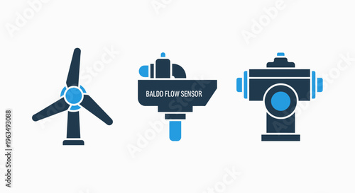 Wind turbine, industrial plant control, and fire hydrant icons representing renewable energy, manufacturing, and urban infrastructure in flat vector design
