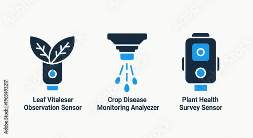 Agricultural technology icons for plant health, crop disease monitoring, and leaf vitality observation sensors