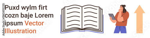 Education, e-learning, knowledge expansion, digital literacy, information growth, self-improvement. Open book with text, person holding a tablet and upward arrow. Education and e-learning concept
