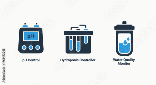 Water quality control and monitoring icons for ph, hydroponic systems, and environmental sensor technology