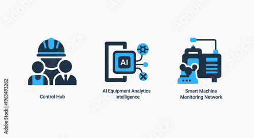 Industrial control and AI equipment analytics icons for smart machine networking and factory automation solutions