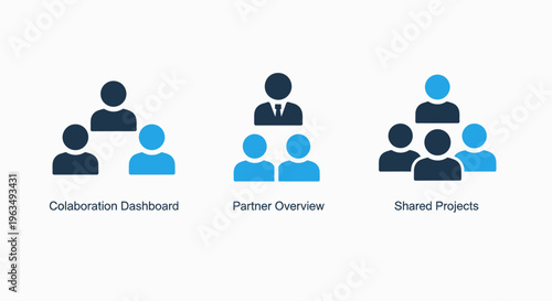 Collaborator dashboard, partner overview, and shared projects icons for teamwork and business relationship management systems