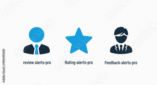 Customer review and rating alert icons for feedback monitoring featuring business professional and star symbol for brand reputation management and client satisfaction assessment set