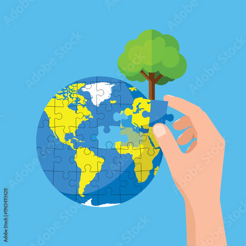 Hand placing a puzzle piece onto a planet earth globe with a growing tree, symbolizing global environmental solutions and unity.