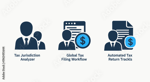 Financial tax jurisdiction analyzer, global filing workflow, and automated return tracking icons for accounting, corporate compliance, audit preparation, and monetary data management