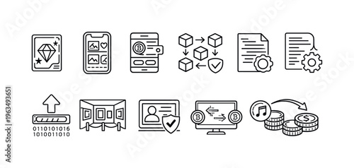 Collection of digital icons representing blockchain, finance, and technology concepts