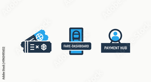 Travel transit tickets, fare dashboard tracking, and payment hub icons for digital booking systems, public transportation management, and urban city commute processing services