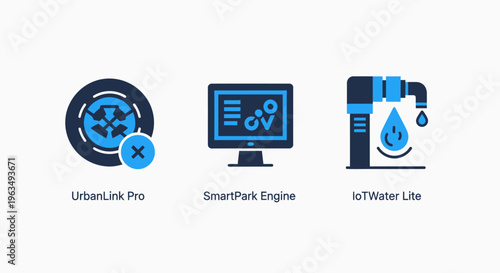 Smart city utility icons featuring urban network link parking data management monitor and water conservation system with plumbing tap and droplet for municipal infrastructure planning software